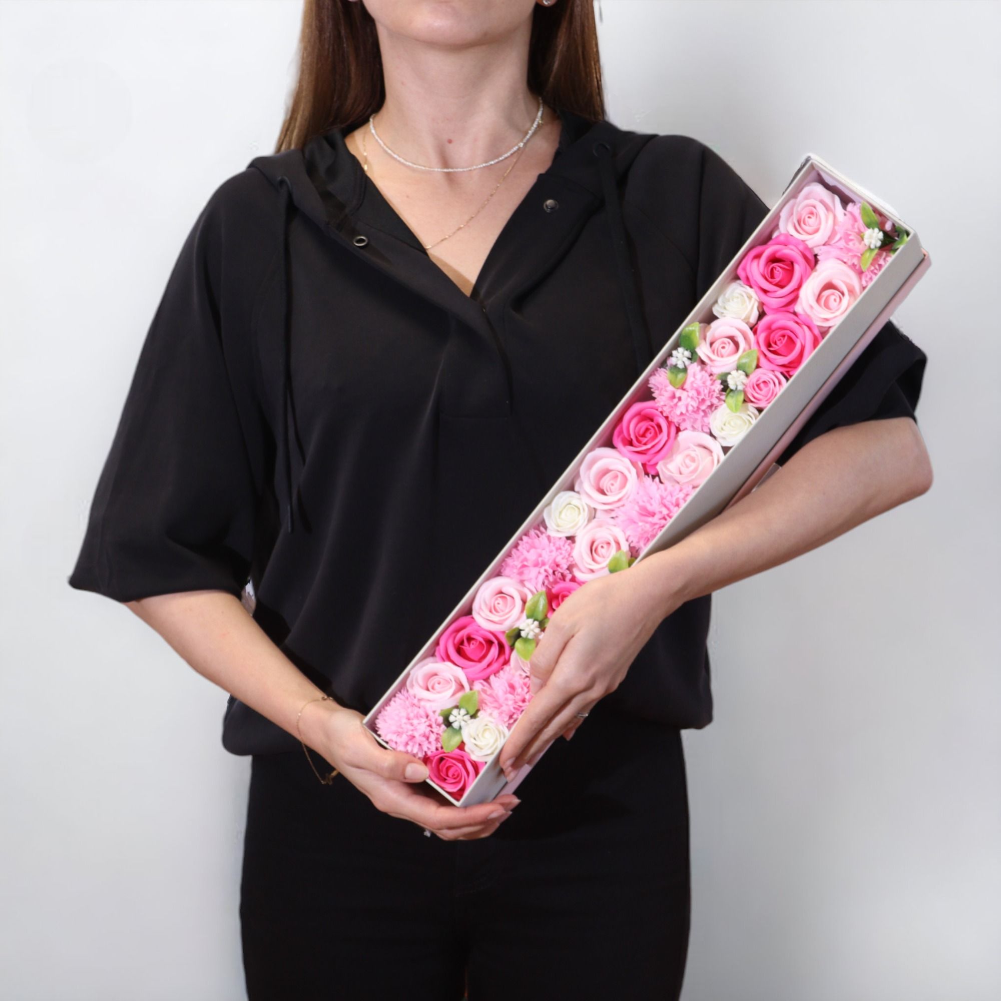 Extra Long Baby Blessings Soap Flower Box – Soft Pink & Ivory Artisan Bath Bouquet