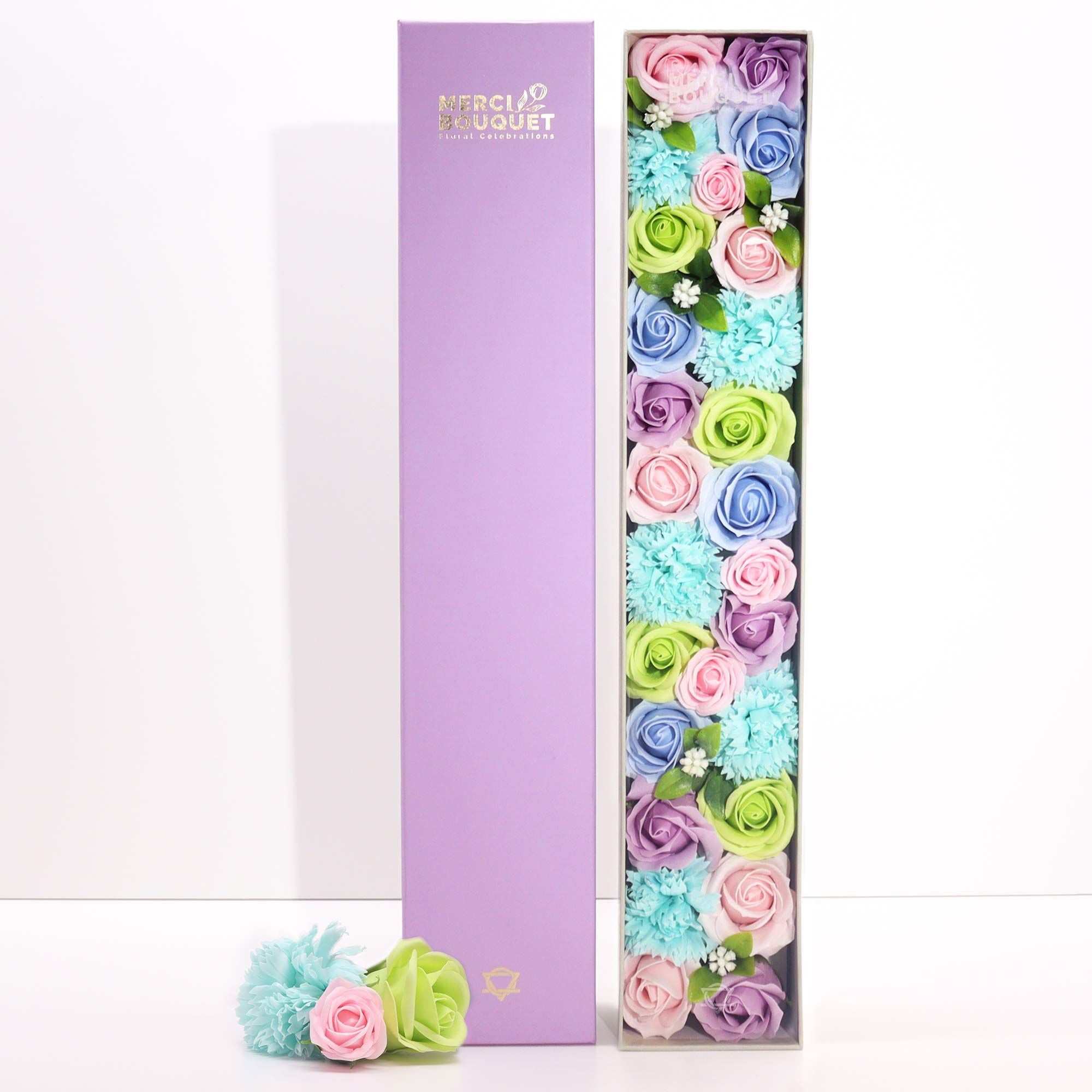 Extra Long Baby Blessings Soap Flower Box – Serene Blue & White Artisan Bath Bouquet