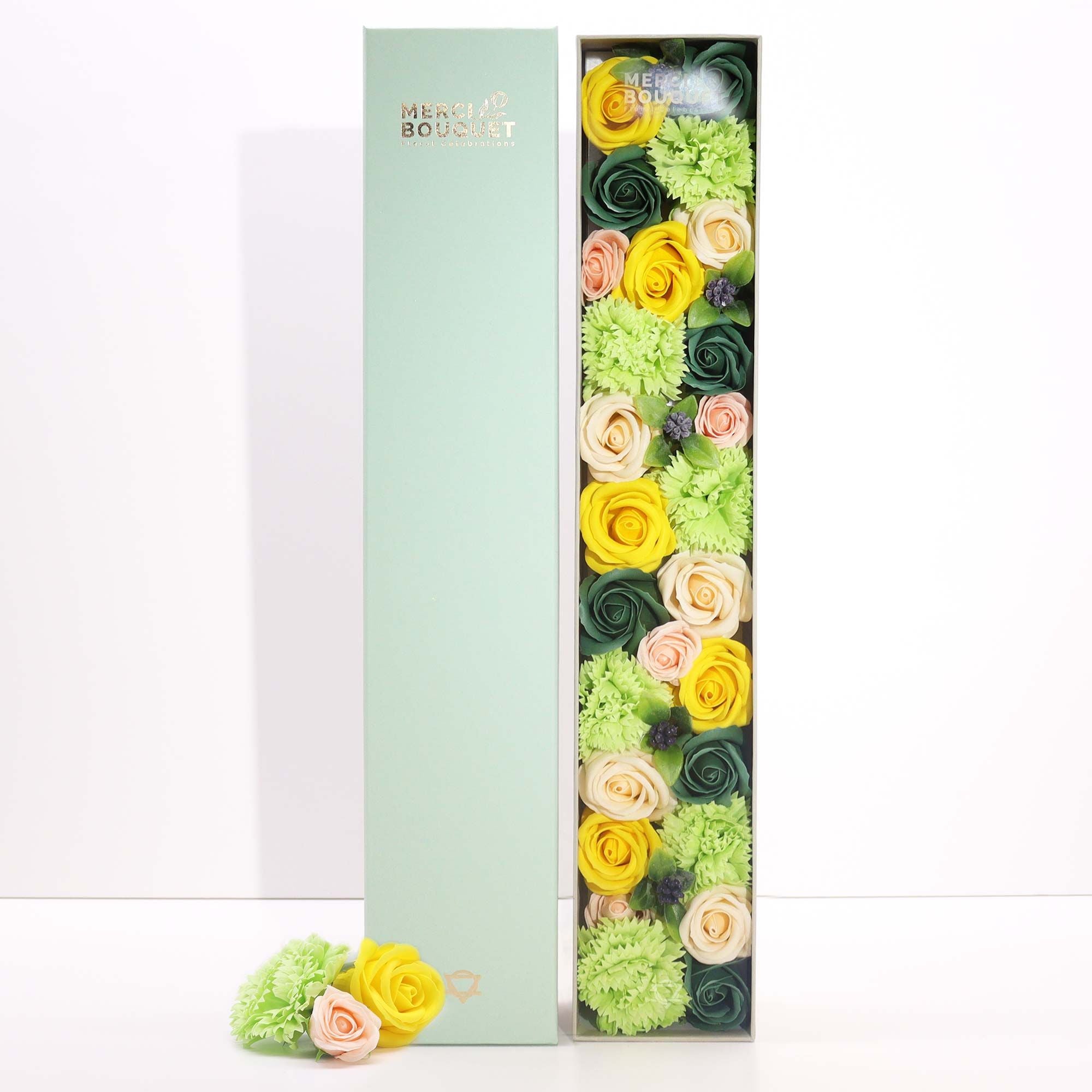 Extra Long Spring Celebrations Soap Flower Box – Vibrant Yellow & Green Artisan Bath Bouquet