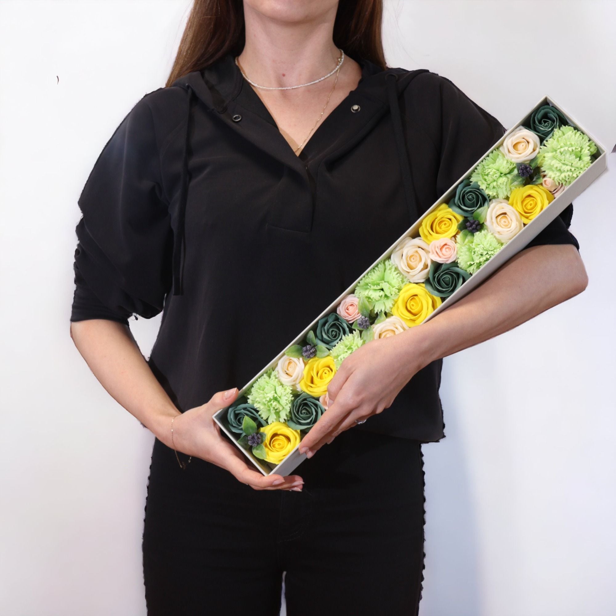 Extra Long Spring Celebrations Soap Flower Box – Vibrant Yellow & Green Artisan Bath Bouquet
