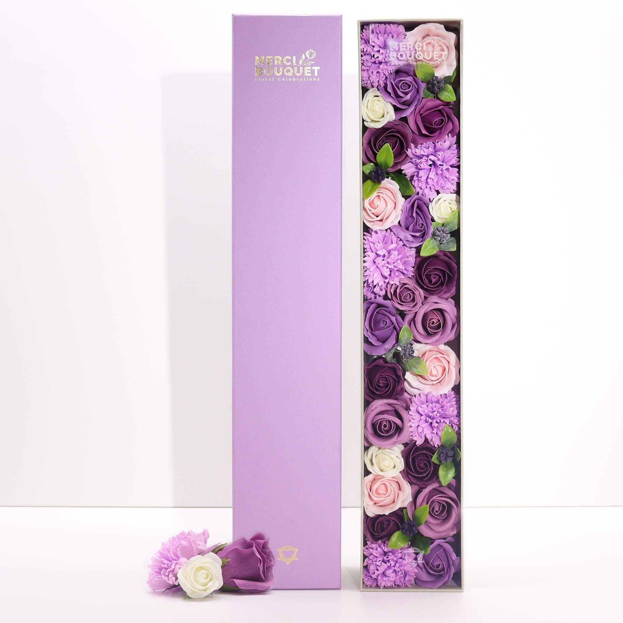 Extra Long Lavender Rose & Carnation Soap Flower Box – Grand 50cm Artisan Bath Bouquet
