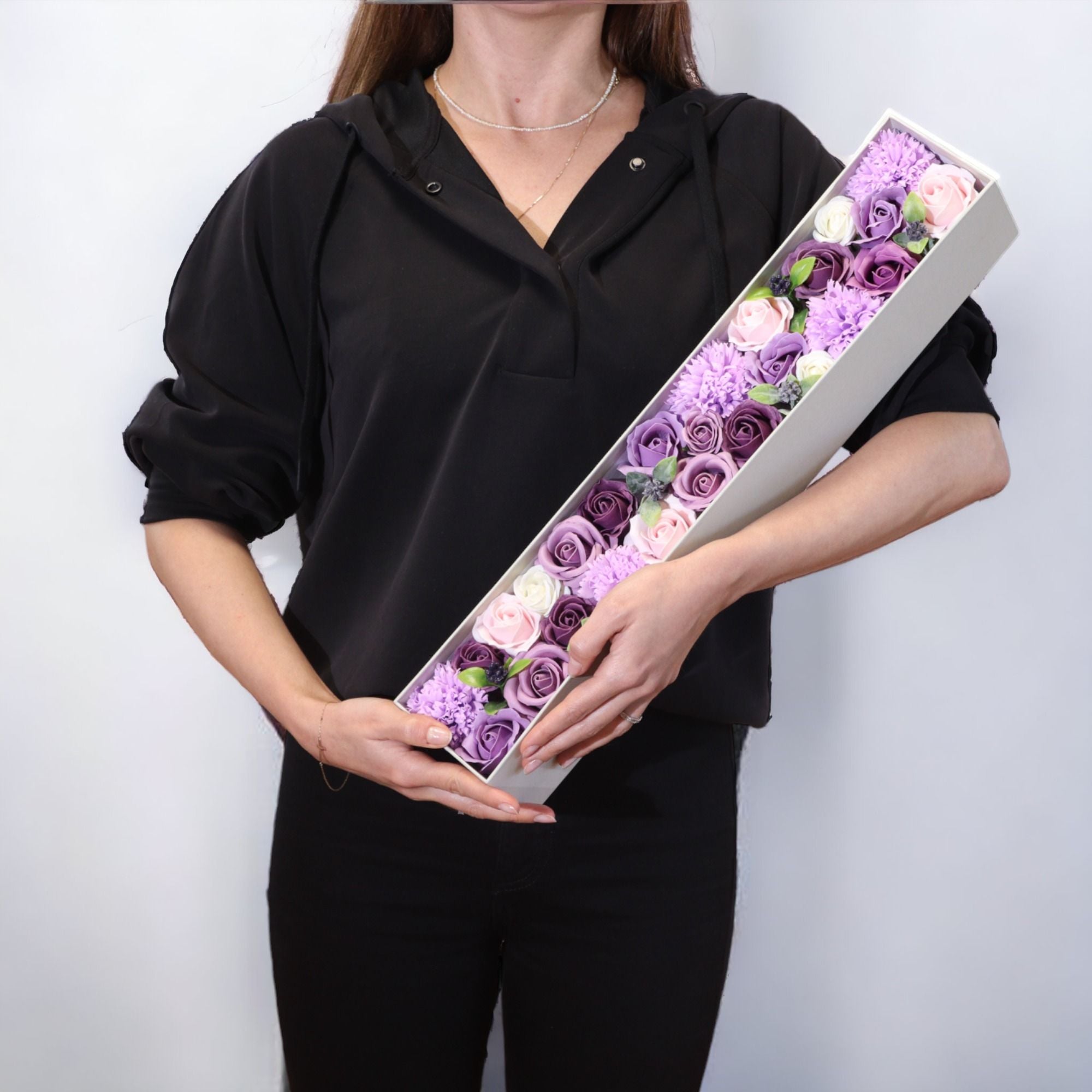 Extra Long Lavender Rose & Carnation Soap Flower Box – Grand 50cm Artisan Bath Bouquet